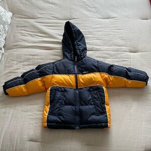 Oshkosh - Full Zip Hooded Puffer Jacket - Color Block Yellow/Navy - Size 5/6